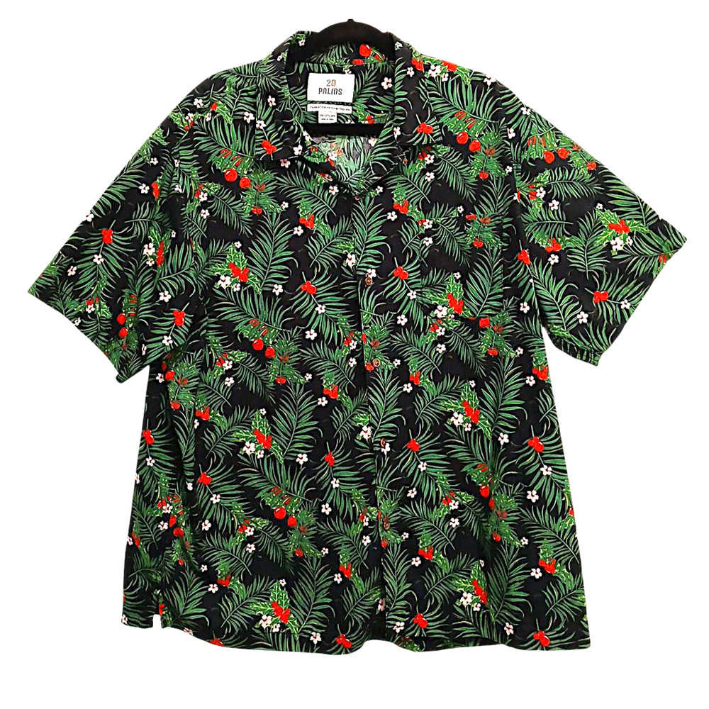 28 Palms CHRISTMAS Tropical Shirt 2XL Green Black Holly Berry Party Travel Hawai